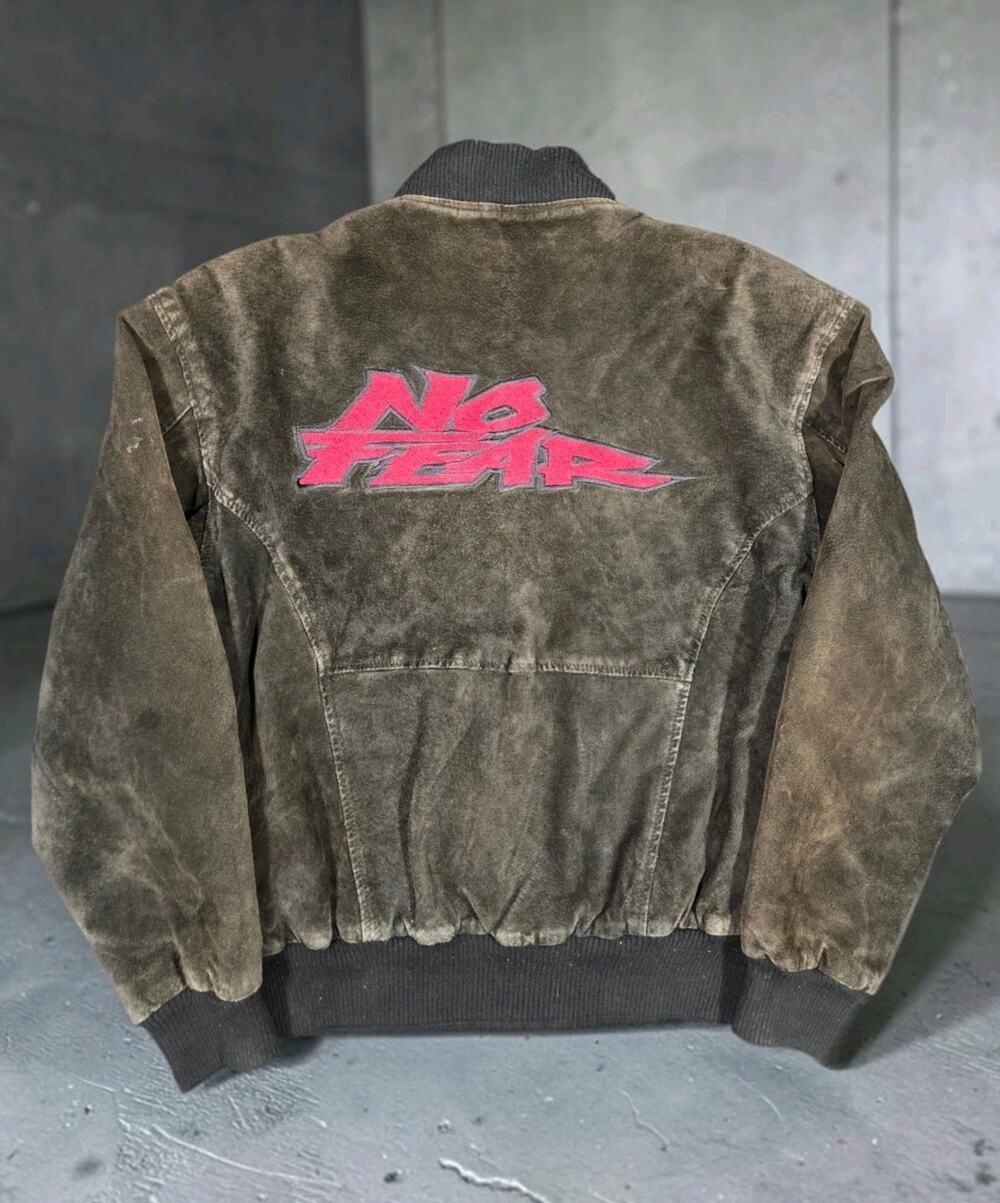 Vtg No Fear Leather Bomber Jacket Brown Suede Spellout 90s Streetwear Medium